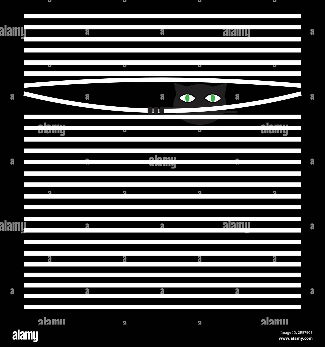 Gatto nero con occhi verdi dietro le tende bianche Illustrazione Vettoriale