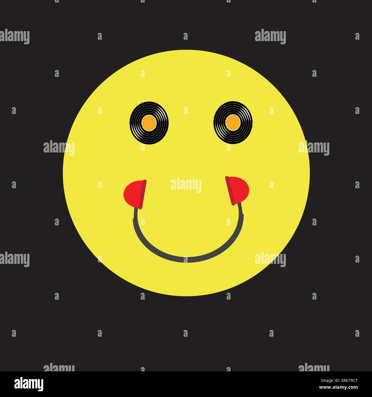 Faccia sorridente gialla con occhi in vinile e bocca per cuffie, concetto musicale Illustrazione Vettoriale