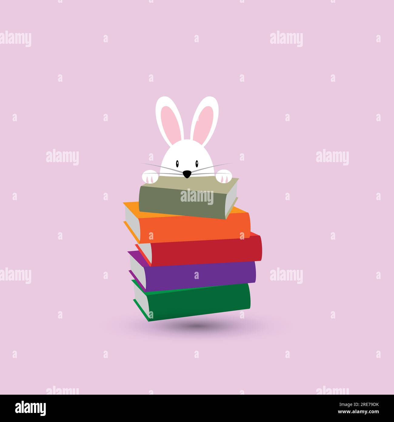 Coniglio nascosto dietro una pila di libri colorati Illustrazione Vettoriale