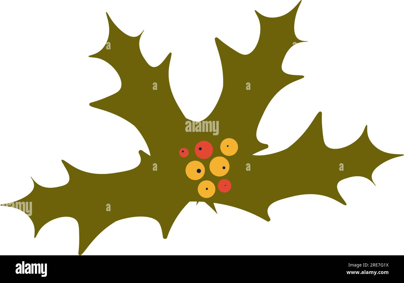Simbolo tradizionale di vacanze natalizie e invernali, piano del vischio. Foglia isolata con frutti di bosco maturi, decorazione per biglietti di auguri di buon natale e pre-vendita Illustrazione Vettoriale