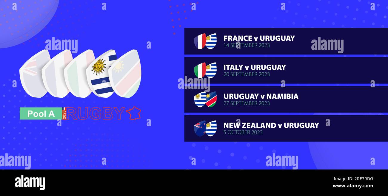 Nazionale di rugby dell'Uruguay programma partite nella fase a gironi della competizione internazionale di rugby. Insieme di vettori. Illustrazione Vettoriale