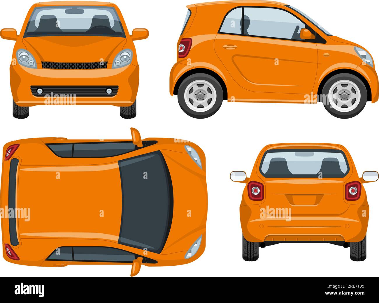 Modello vettoriale per auto di piccole dimensioni, colori semplici senza sfumature ed effetti. Vista laterale, anteriore, posteriore e superiore Illustrazione Vettoriale