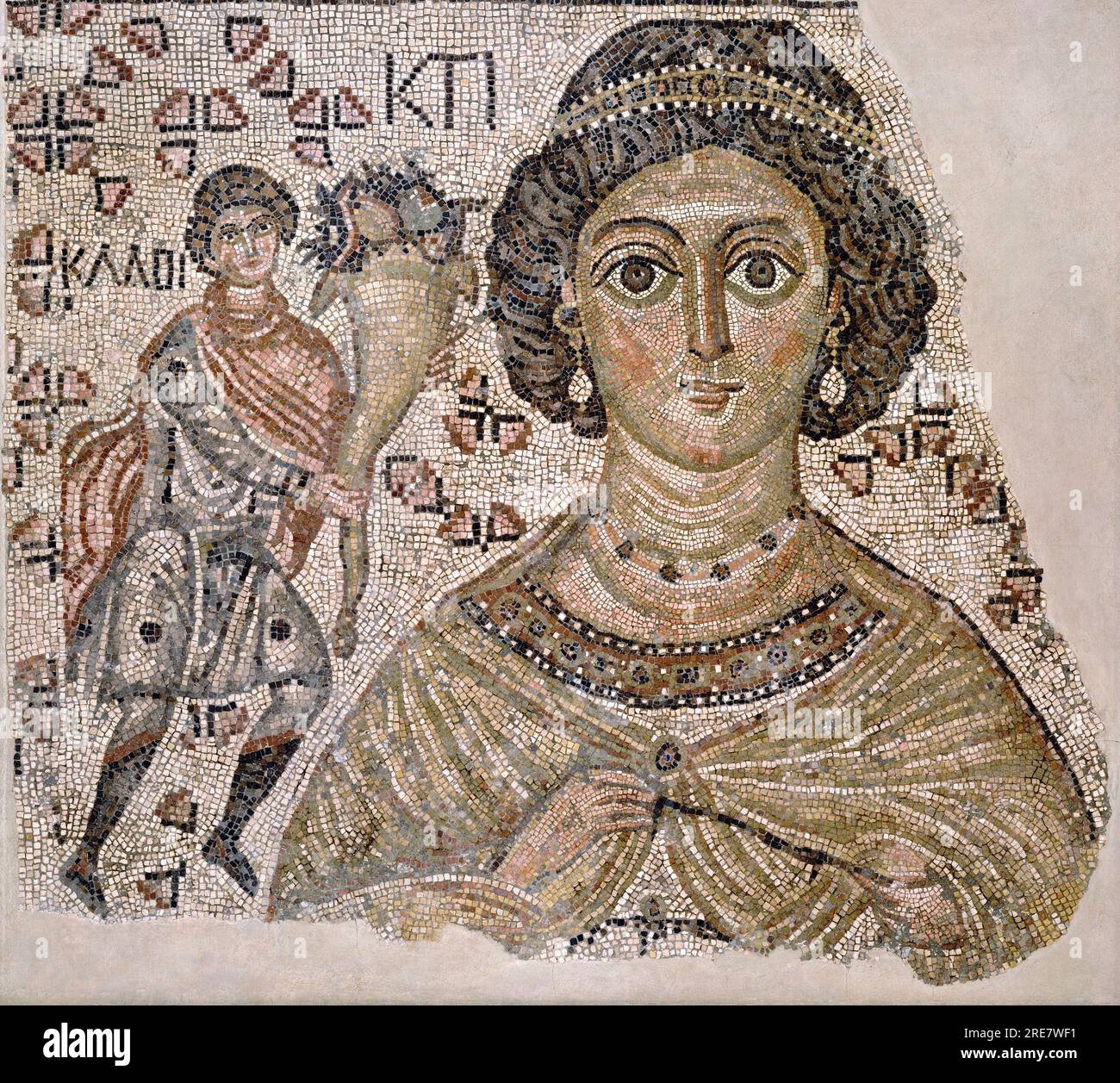 Frammento di un mosaico a pavimento con una personificazione di Ktisis - bizantino 500–550 Foto Stock