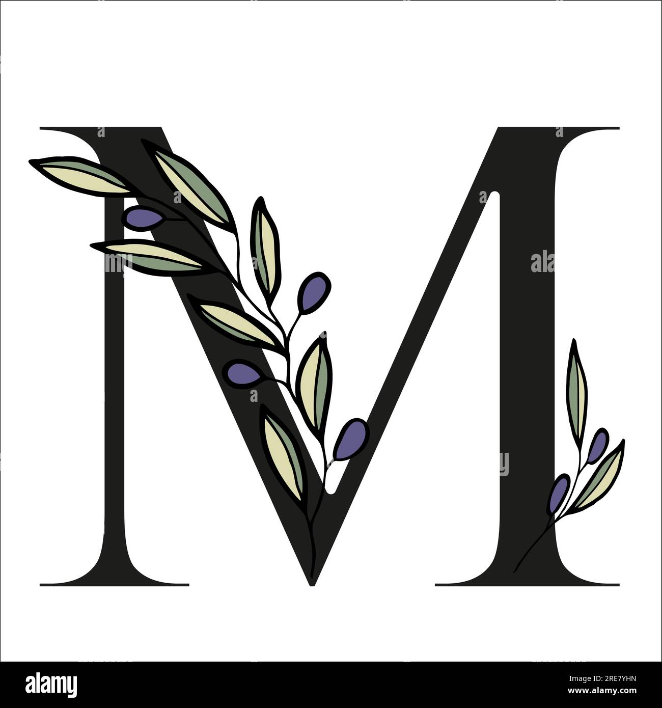 Lettera alfabetica con rametto di olive per decorare il biglietto o l'invito di nozze. Illustrazione vettoriale disegnata a mano per la progettazione Illustrazione Vettoriale