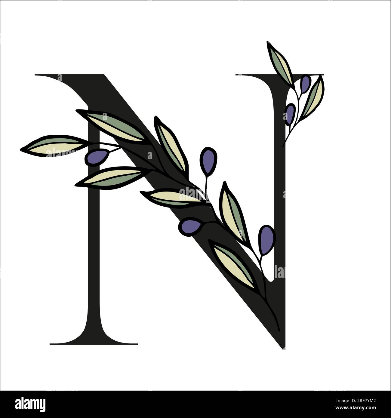 Lettera alfabetica con rametto di olive per decorare il biglietto o l'invito di nozze. Illustrazione vettoriale disegnata a mano per la progettazione Illustrazione Vettoriale