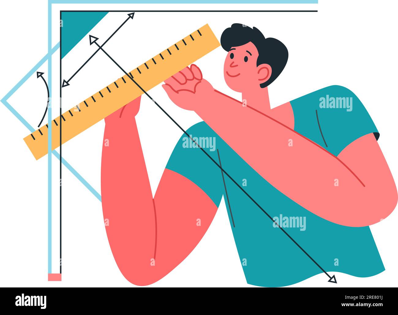 Progetto, costruttore o ingegnere, architetto o lavoratore per la creazione di un personaggio maschile. Utilizzo di strumenti geometrici per precisione, costruzione e costruzione di specifiche Illustrazione Vettoriale