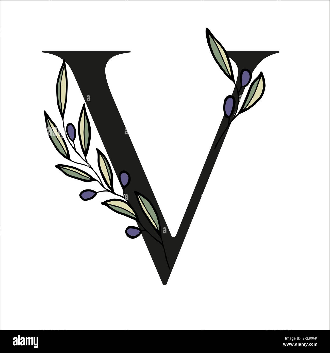 Lettera alfabetica con rametto di olive per decorare il biglietto o l'invito di nozze. Illustrazione vettoriale disegnata a mano per la progettazione Illustrazione Vettoriale