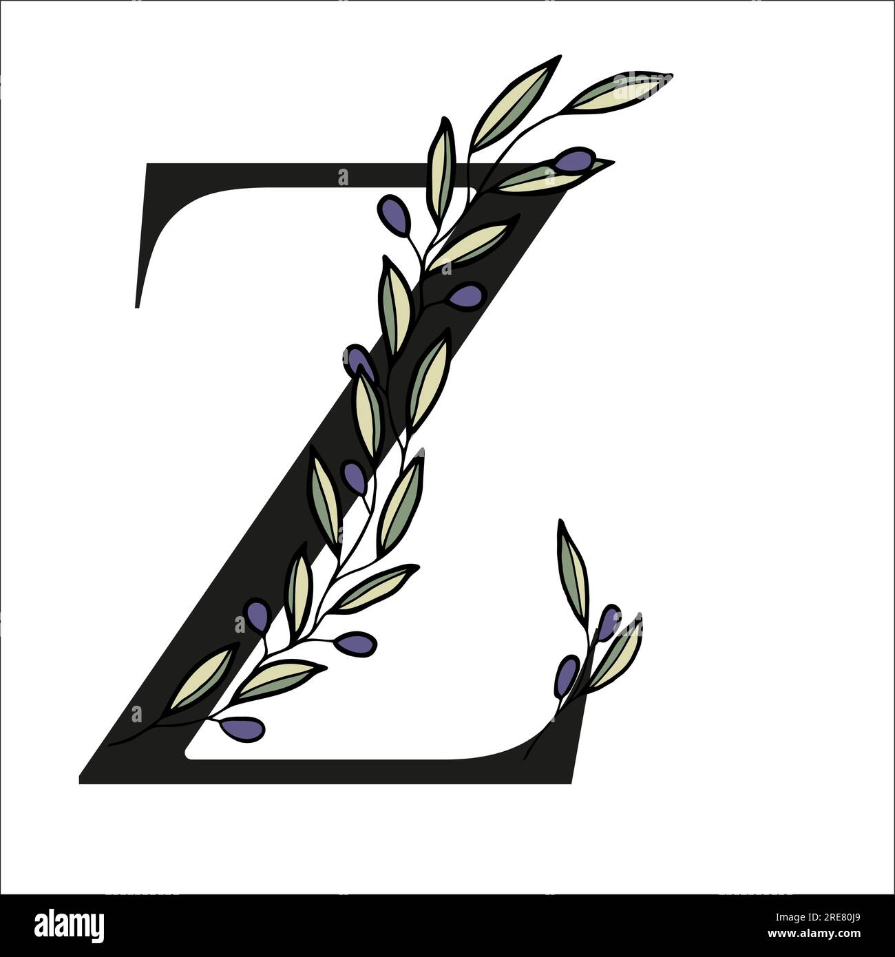 Lettera alfabetica con rametto di olive per decorare il biglietto o l'invito di nozze. Illustrazione vettoriale disegnata a mano per la progettazione Illustrazione Vettoriale