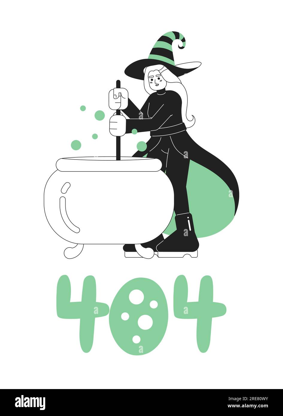 Messaggio flash di errore 404 della strega di halloween felice in bianco e nero Illustrazione Vettoriale