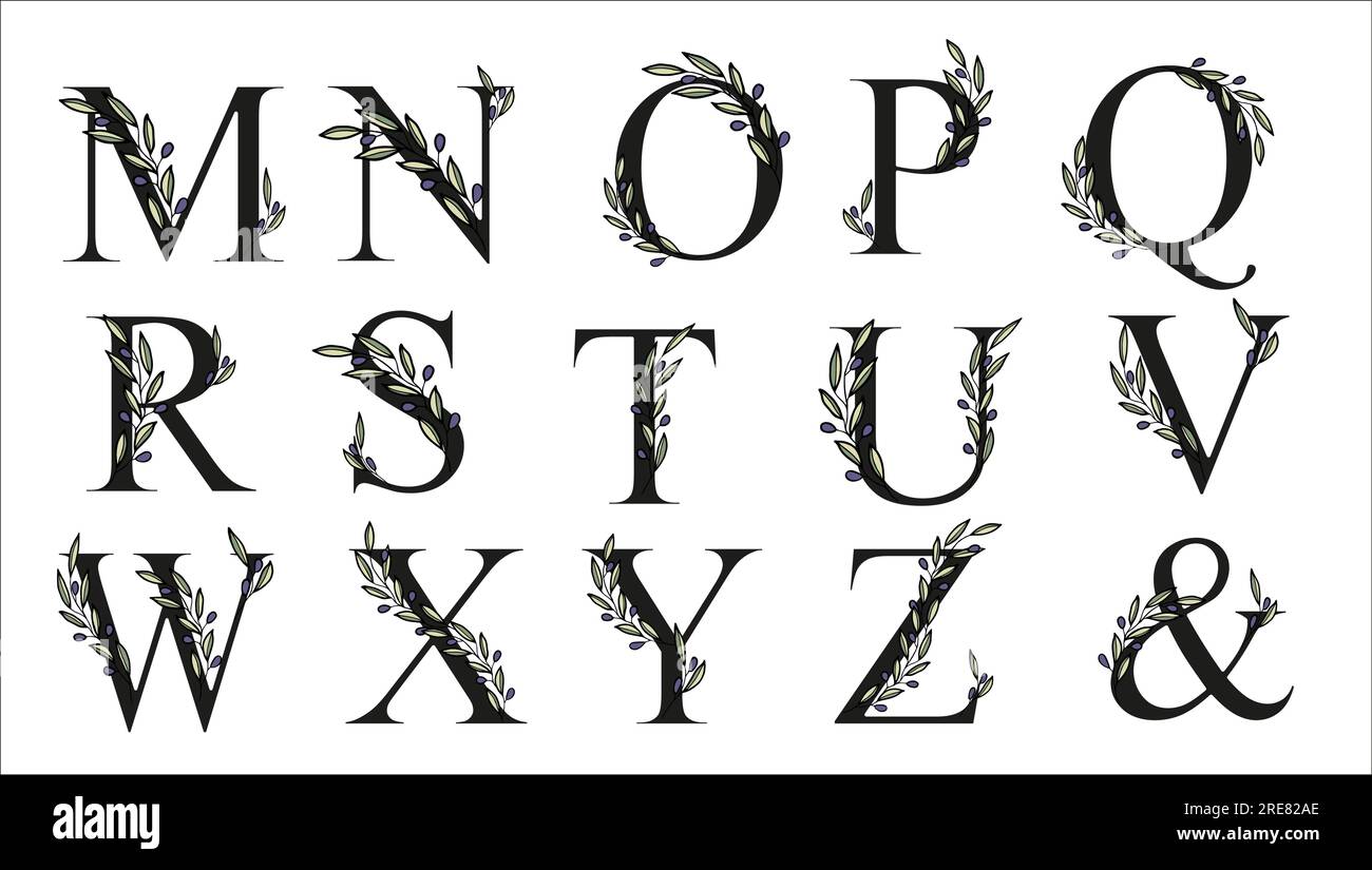 Lettera alfabetica con rametto di olive per decorare il biglietto o l'invito di nozze. Illustrazione vettoriale disegnata a mano per la progettazione Illustrazione Vettoriale