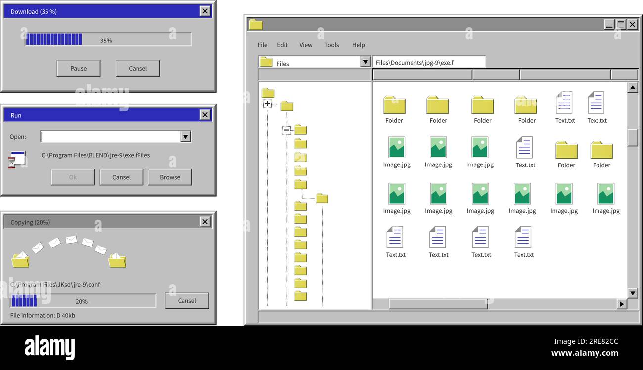 Interfacce di Windows XP, applicazioni e tabelle con pulsanti e informazioni. Template e campioni, programmazione contemporanea. Cartella con i file e. Illustrazione Vettoriale