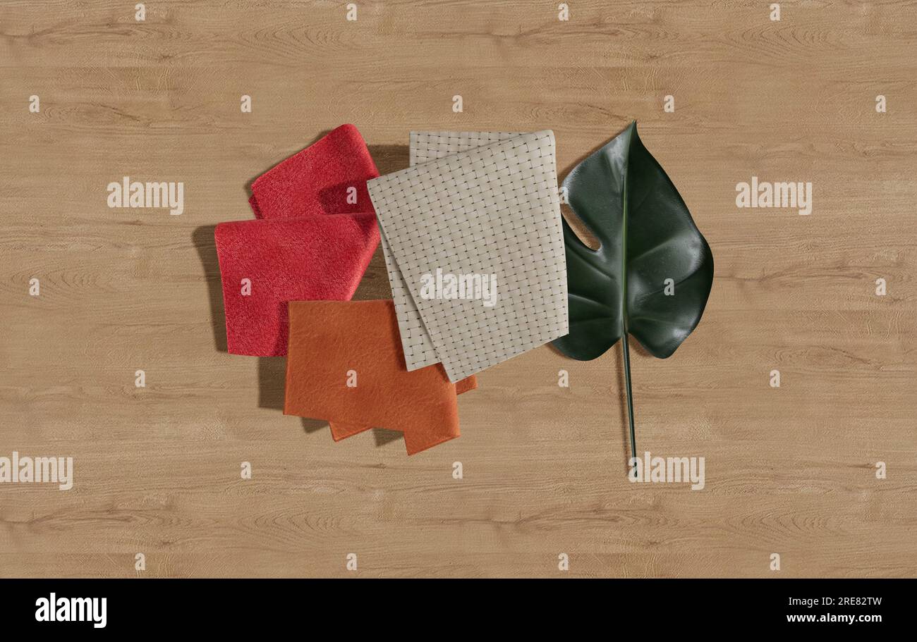 Moodboard interno, vista dall'alto del moodboard, campioni di tessuto su sfondo di legno Foto Stock
