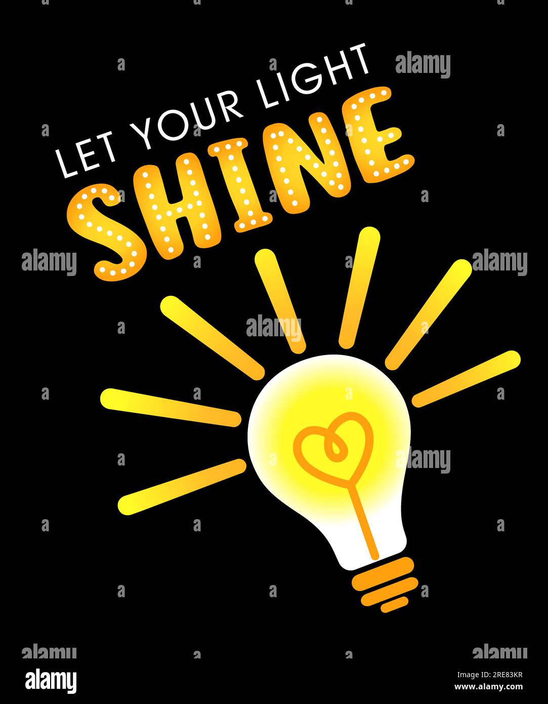 Fai RISPLENDERE la tua luce con il concetto di t-shirt. Matteo 5:16 - la Bibbia presenta il design della t-shirt con lampada e scritta. Messaggio motivazionale isolato su nero Illustrazione Vettoriale