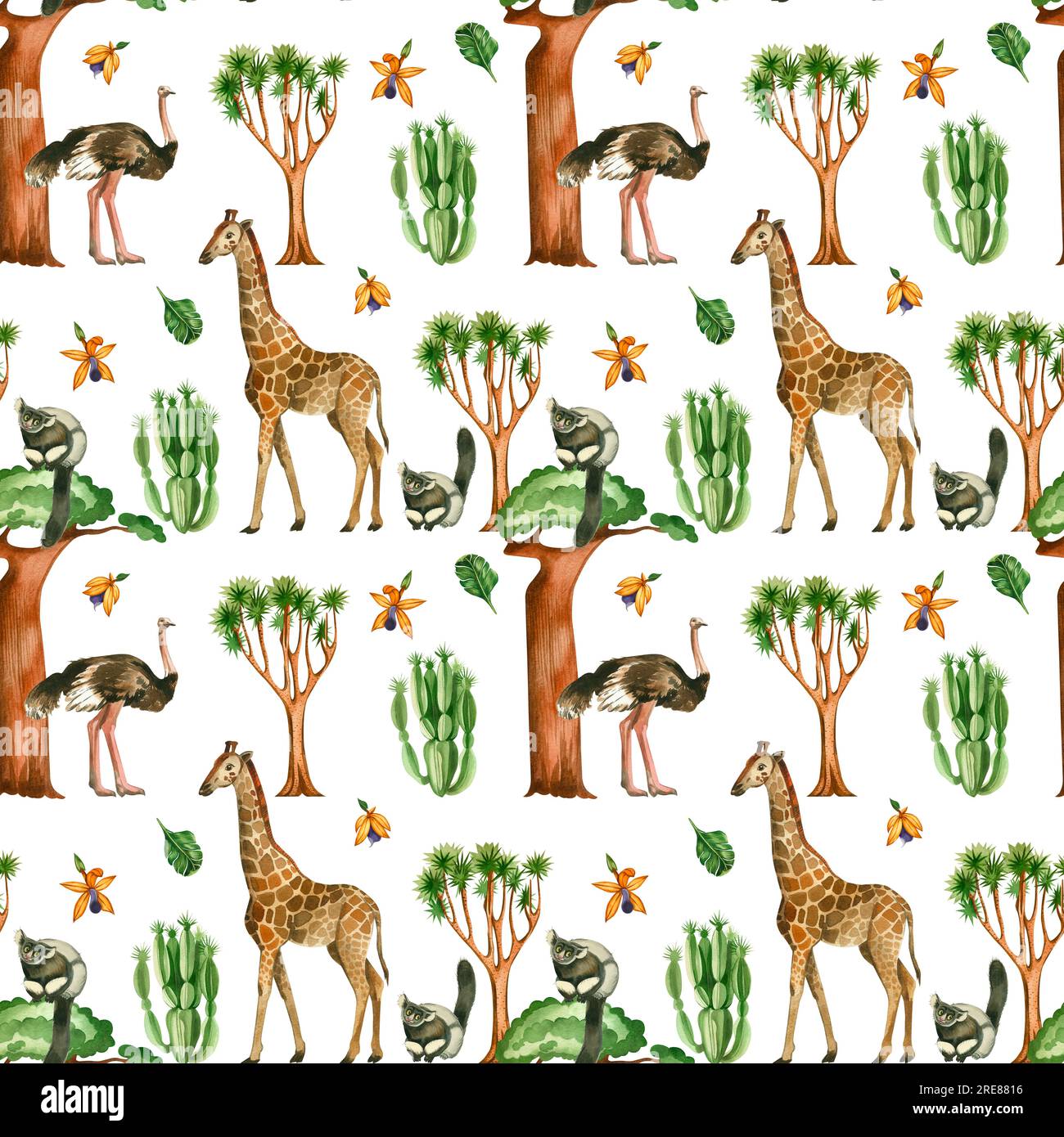 Motivo senza cuciture su sfondo bianco. Giraffa, struzzo, scimmie, cactus, foglie, gli alberi della giungla di baobab sono dipinti con acquerelli. Foto Stock