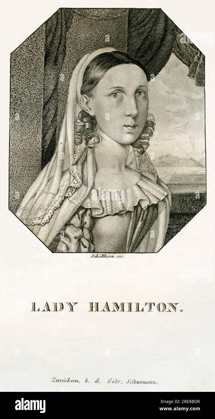 Europa, Großbritannien, Cheshire, Neston, Emma Lady Hamilton ( geboren als Amy Lyon ) , Gesellschaftsdame, Ehefrau von Sir William Hamilton, Geliebte von Admiral Horatio Nelson , Kupferstich, herausgegeben bei den Gebr. Schumann, Zwickau, um 1820? / Europa, Gran Bretagna, Cheshire, Neston, Emma Lady Hamilton ( nata come Amy Lyon ) , sposata con Sir William Hamilton, amante di Lord Nelson , incisione su copperplate, pubblicata dal fratello Schumann , Zwickau , intorno al 1820 ? Foto Stock