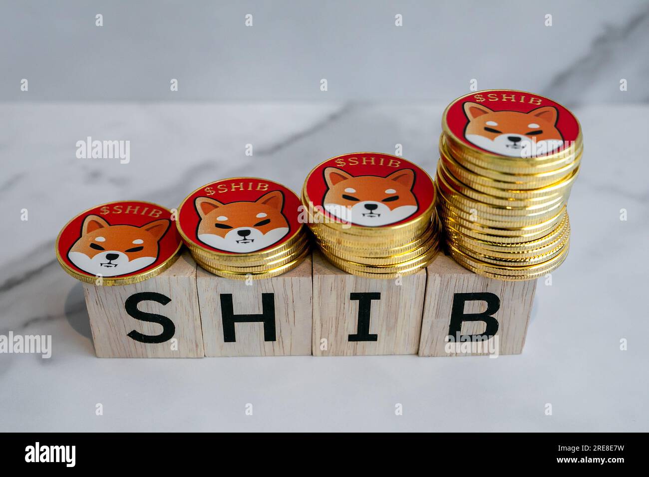 Molte delle monete Shiba inu (SHIB) sono su blocchi di legno con uno sfondo di marmo bianco. Foto Stock