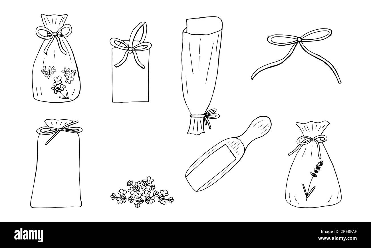 Set di accessori lavanda, fascio di elementi isolati disegnati a mano in nero vettoriale per la progettazione su sfondo bianco Illustrazione Vettoriale