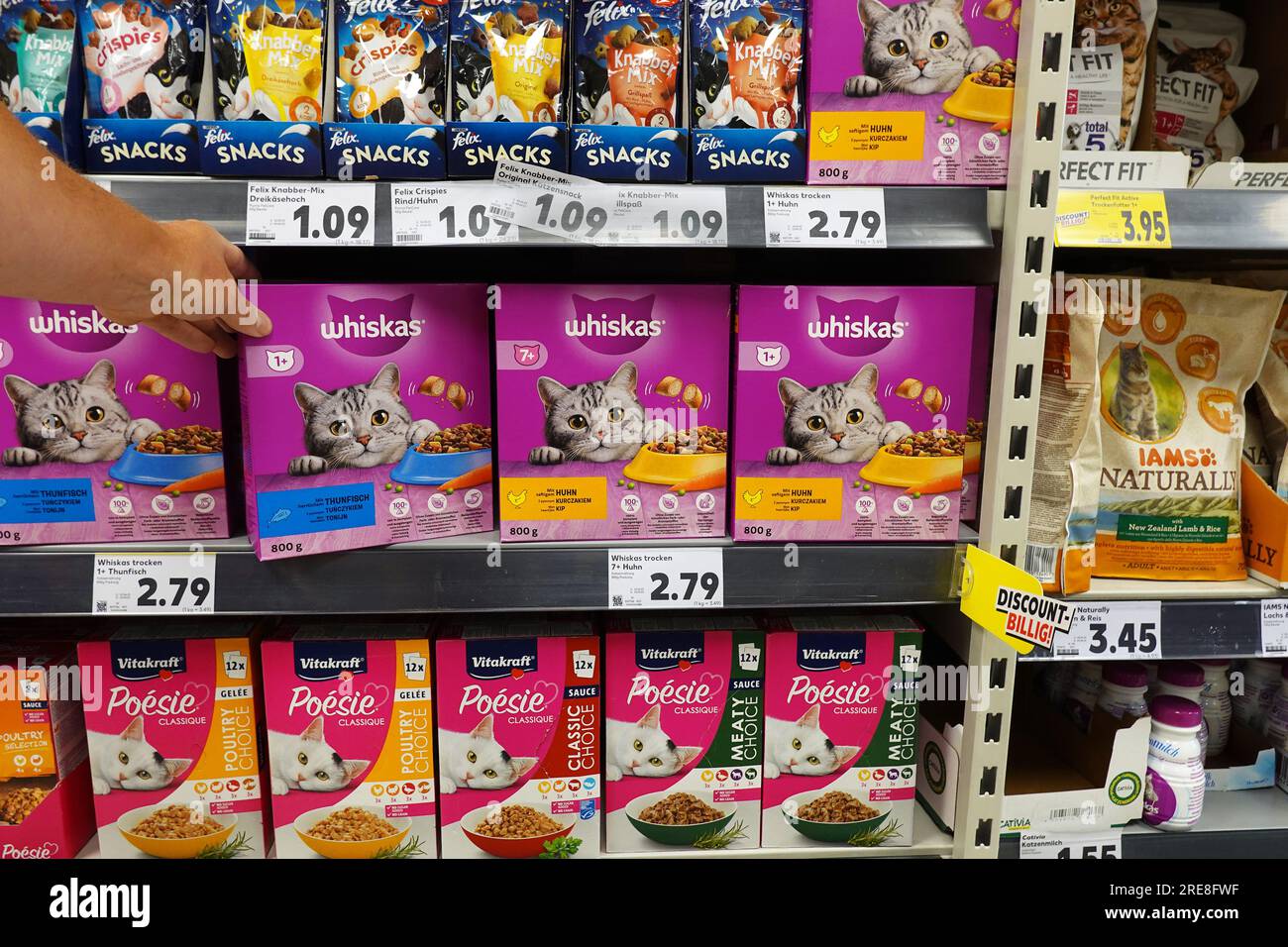 Alimenti per gatti in un supermercato Foto Stock