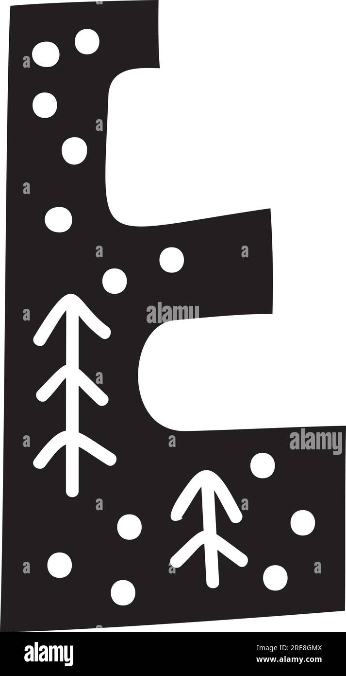 Visualizza la lettera e dell'alfabeto del carattere vettoriale natalizio invernale. Caratteri maiuscoli scandinavi abc elemento per social media, web design, poster, banner Illustrazione Vettoriale