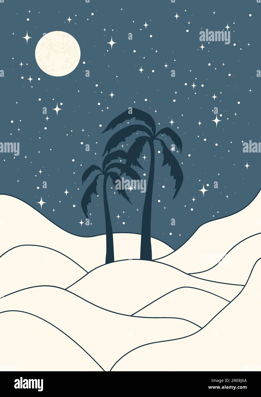 Paesaggio desertico - palme nelle dune notturne illustrazione stampabile Illustrazione Vettoriale