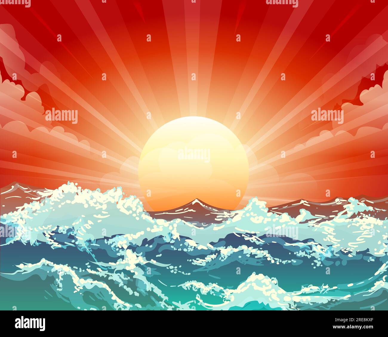 Paesaggio marino con sole notturno tempestoso sull'oceano e cieli rossi. Illustrazione vettoriale Illustrazione Vettoriale