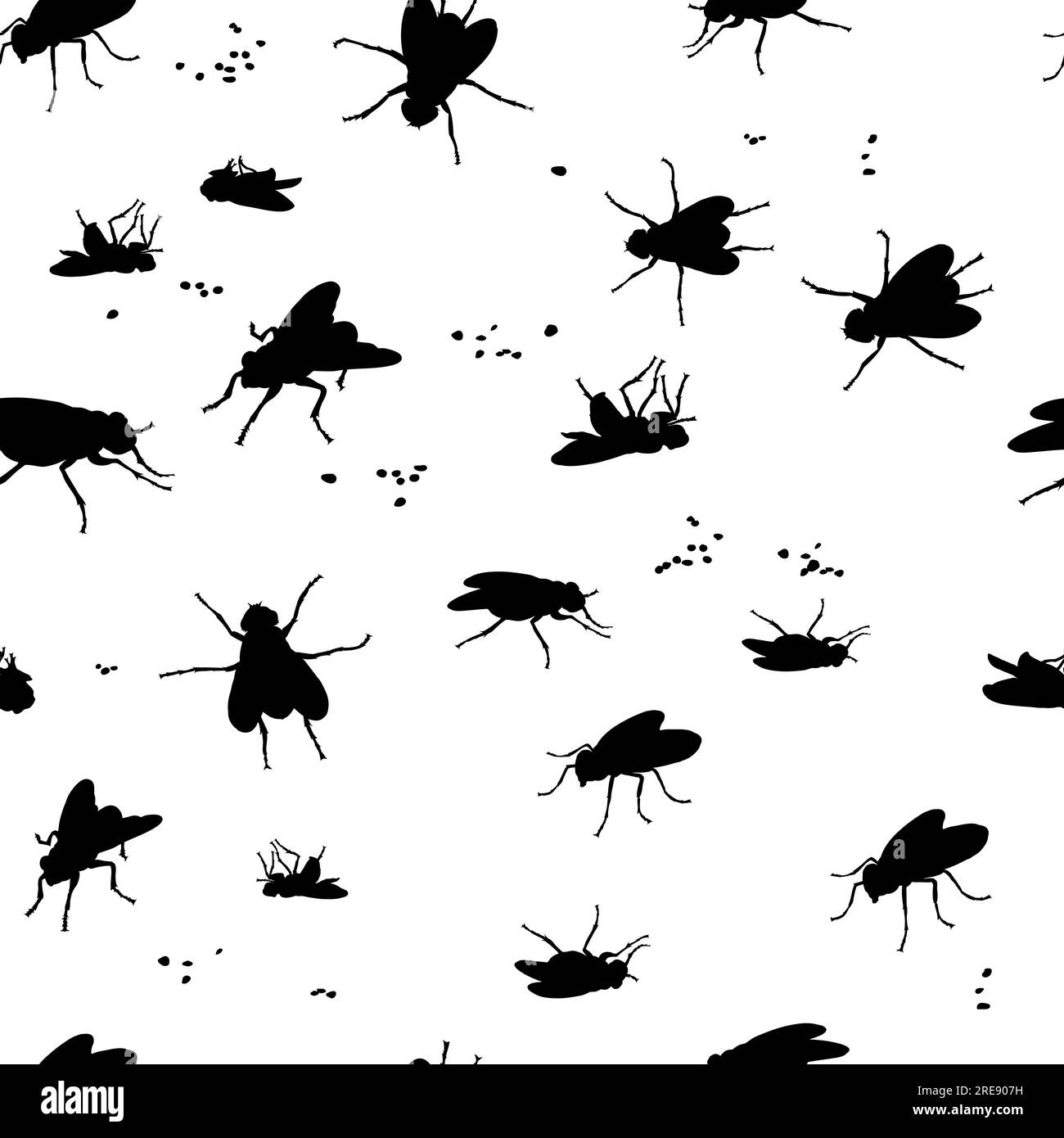 immagine di una mosca in diverse pose, in movimento e scorcio, disegno in bianco e nero, silhouette, vettore, pattern Illustrazione Vettoriale