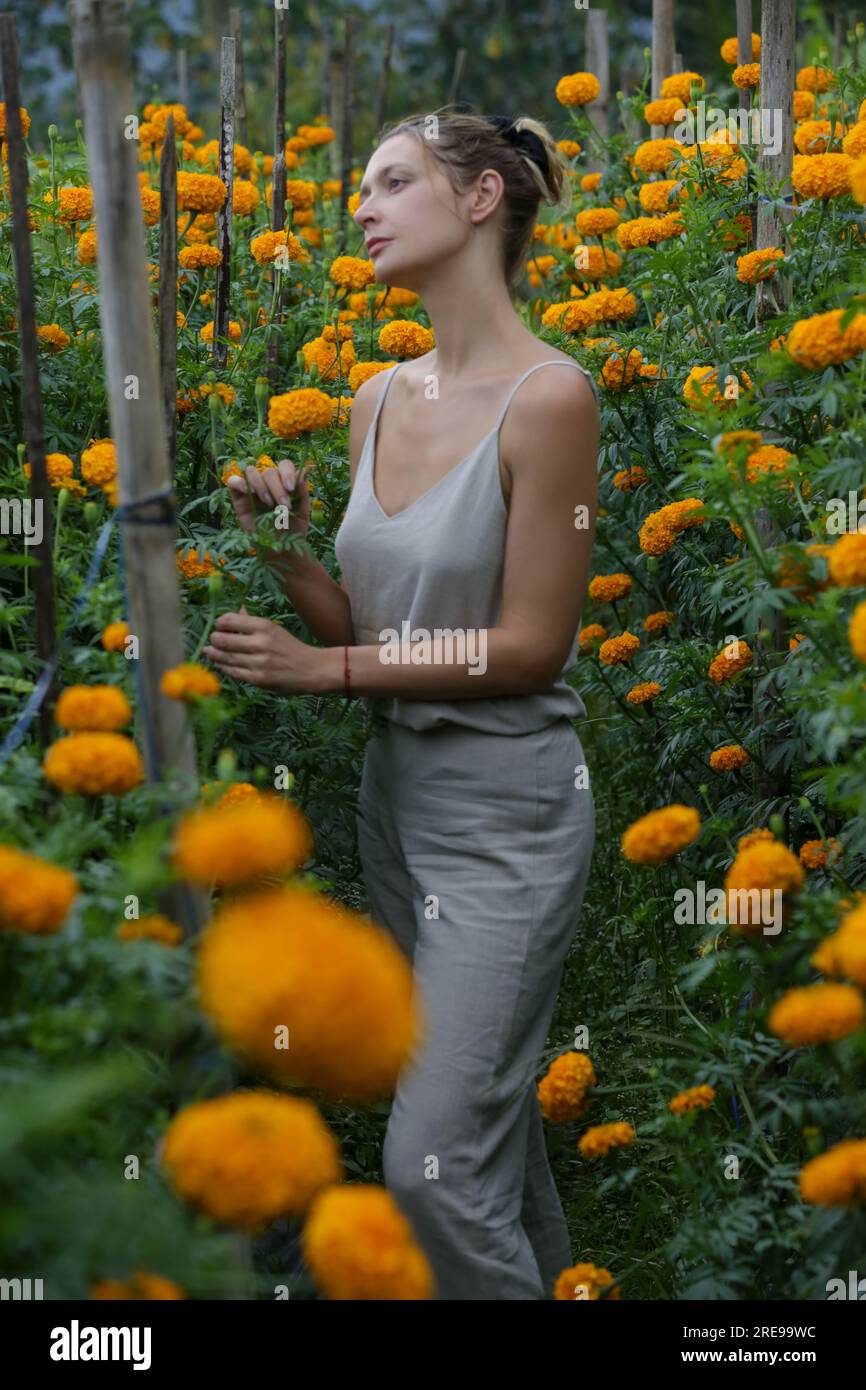 Ritratto di una turista caucasica nel campo di Tagetes Marigold in fiore nell'isola di Bali Foto Stock