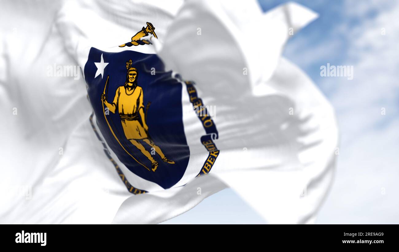 Primo piano della bandiera dello stato del Massachusetts. Stemma di stato su sfondo bianco; raffigura Algonquin per la pace, stella bianca per l'ammissione dello stato Foto Stock