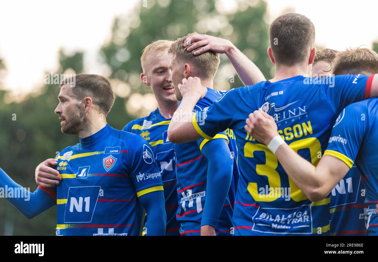 Park Hall, Oswestry, Shropshire, Inghilterra, 20 luglio 2023. KA Akureyri celebra il gol di Elfar Árni Aðalsteinsson durante il Quay Nomads Football Club V Knattspyrnufélag Akureyrar/ KA Akureyri nella prima fase di qualificazione della UEFA Europa Conference League 2023/2024, al Park Hall. (Immagine di credito: ©Cody Froggatt/Alamy Live News) Foto Stock