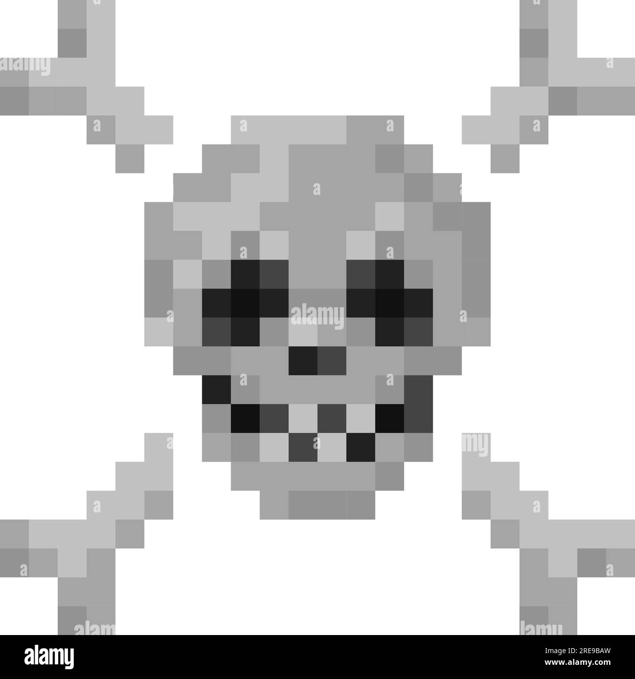 Cranio con illustrazione pixel a croce. icona del simbolo pirata a 8 bit o segno di attenzione. Vettore Illustrazione Vettoriale