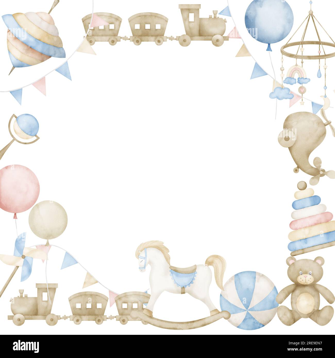 Telaio con giocattoli per bambini per la doccia del bambino. Illustrazione ad acquerello disegnata a mano di sfondo quadrato con cavallo a dondolo per biglietti di auguri per neonati inviti pr. Modello isolato per il design dei bambini. Foto Stock
