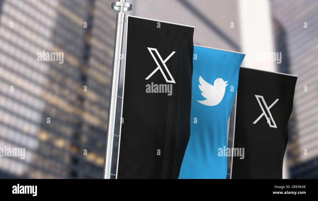 San Francisco, USA, 21 luglio 2023: Tre banner verticali con il logo di X e l'ex logo di Twitter. Illustrazione 3d editoriale illustrativa Foto Stock