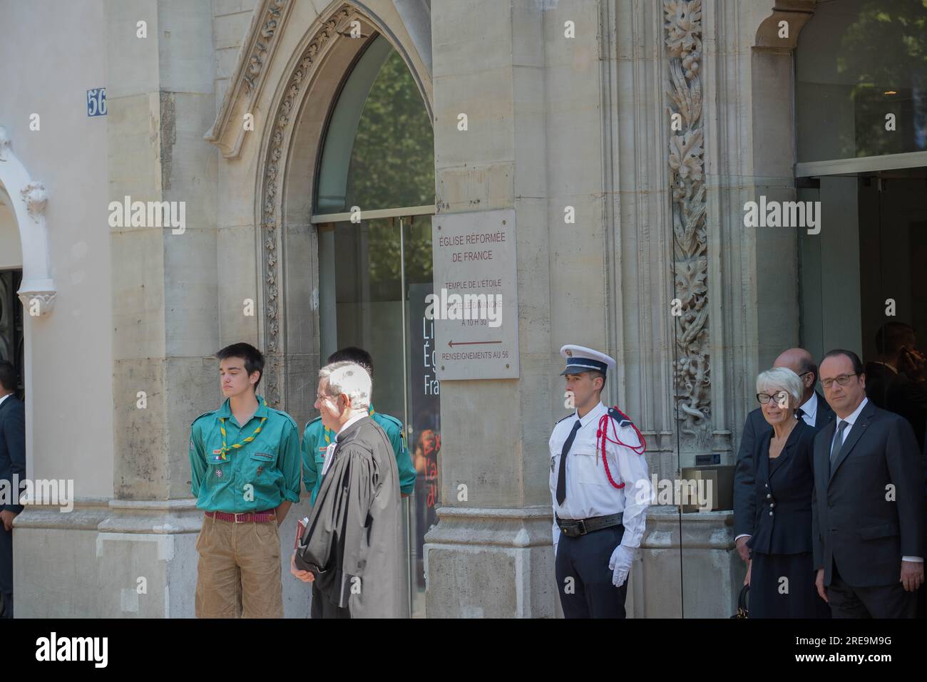 Francois Hollande et Manuel Valls à la cérémonie religieuse en hommage à Michel Rocard au Temple protestant de l'Étoile à Paris, le 7 juillet 2016. Foto Stock