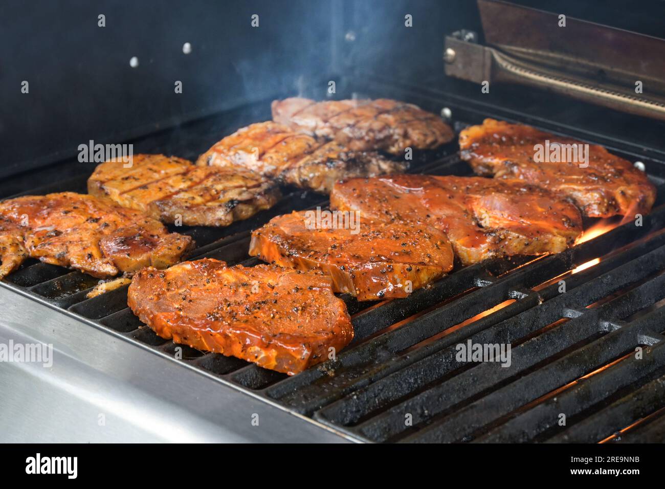 Carne marinata arrostita sul barbecue per una deliziosa cena a una festa in giardino, attenzione selezionata, profondità di campo ristretta Foto Stock