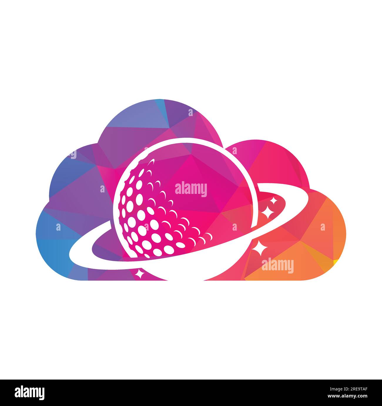 Planet golf e design del logo vettoriale a forma di nuvola. Modello di design con logo vettoriale Planet e pallina da golf. Illustrazione Vettoriale