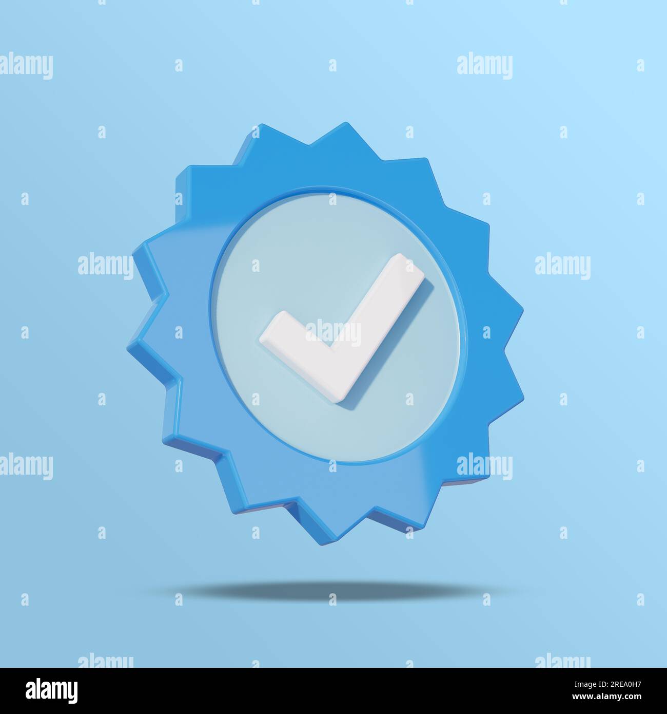 Selezionare l'icona dei social media per la verifica del profilo. Badge blu verificato con segno di spunta isolato su sfondo blu. Immagine quadrata illustrazione 3D. Foto Stock
