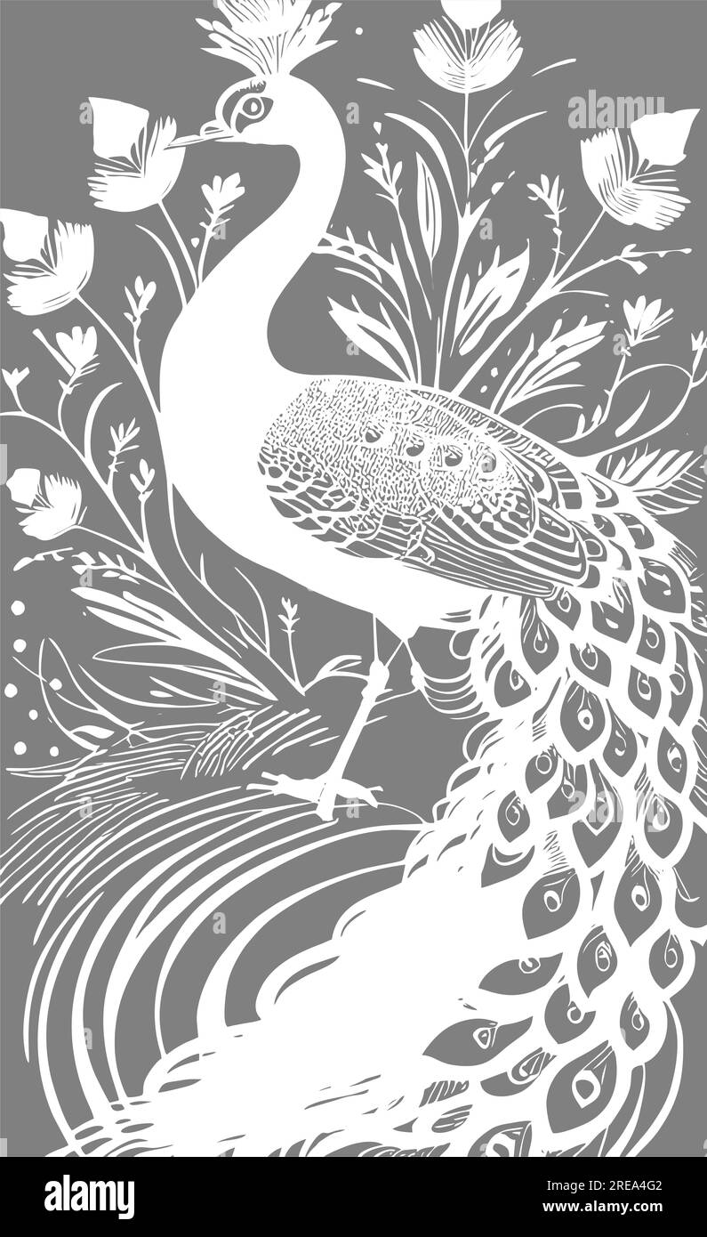 disegno di contorno bianco stilizzato di un pavone su sfondo grigio, grafica monocromatica, design Foto Stock