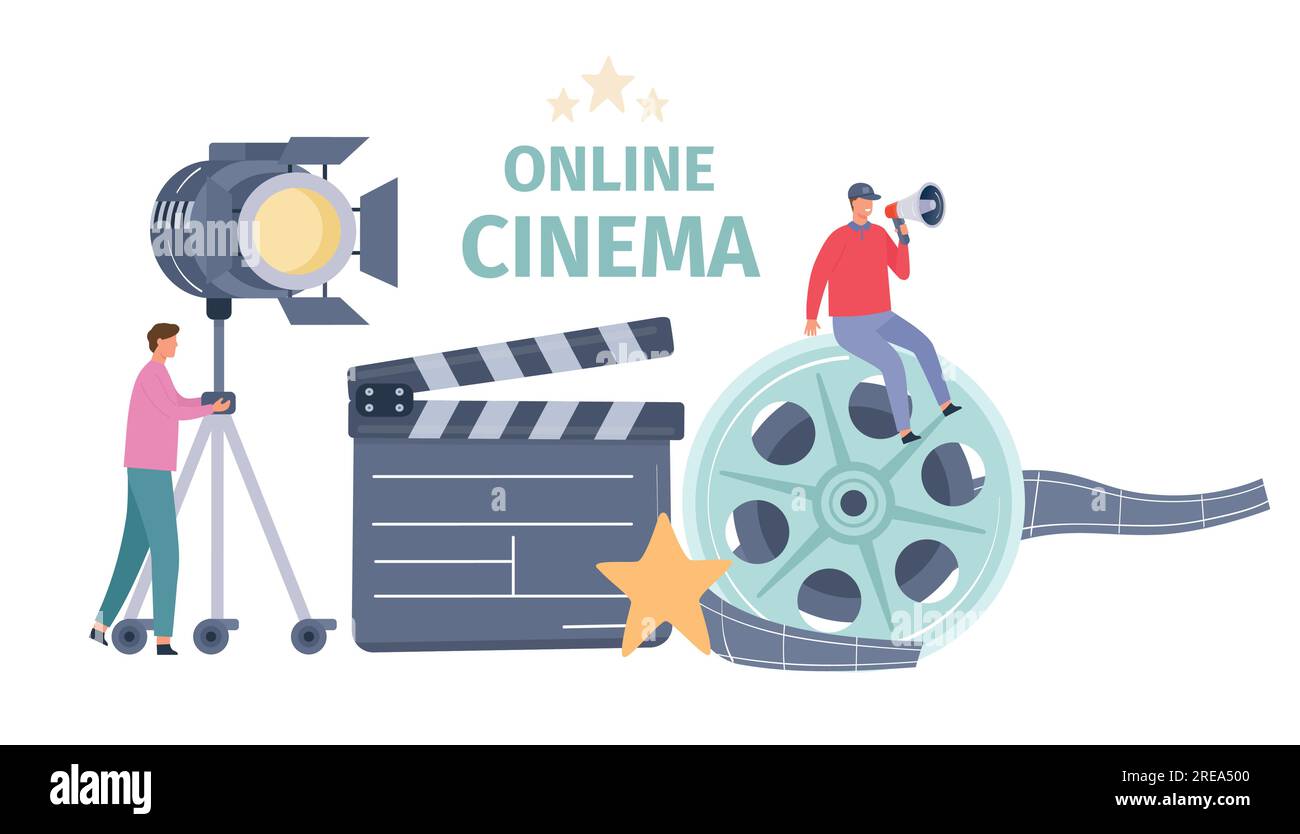 Industria cinematografica, banner cinematografico online. Team di produzione con attrezzature per la ripresa di film. Direttore che parla con l'altoparlante Illustrazione Vettoriale