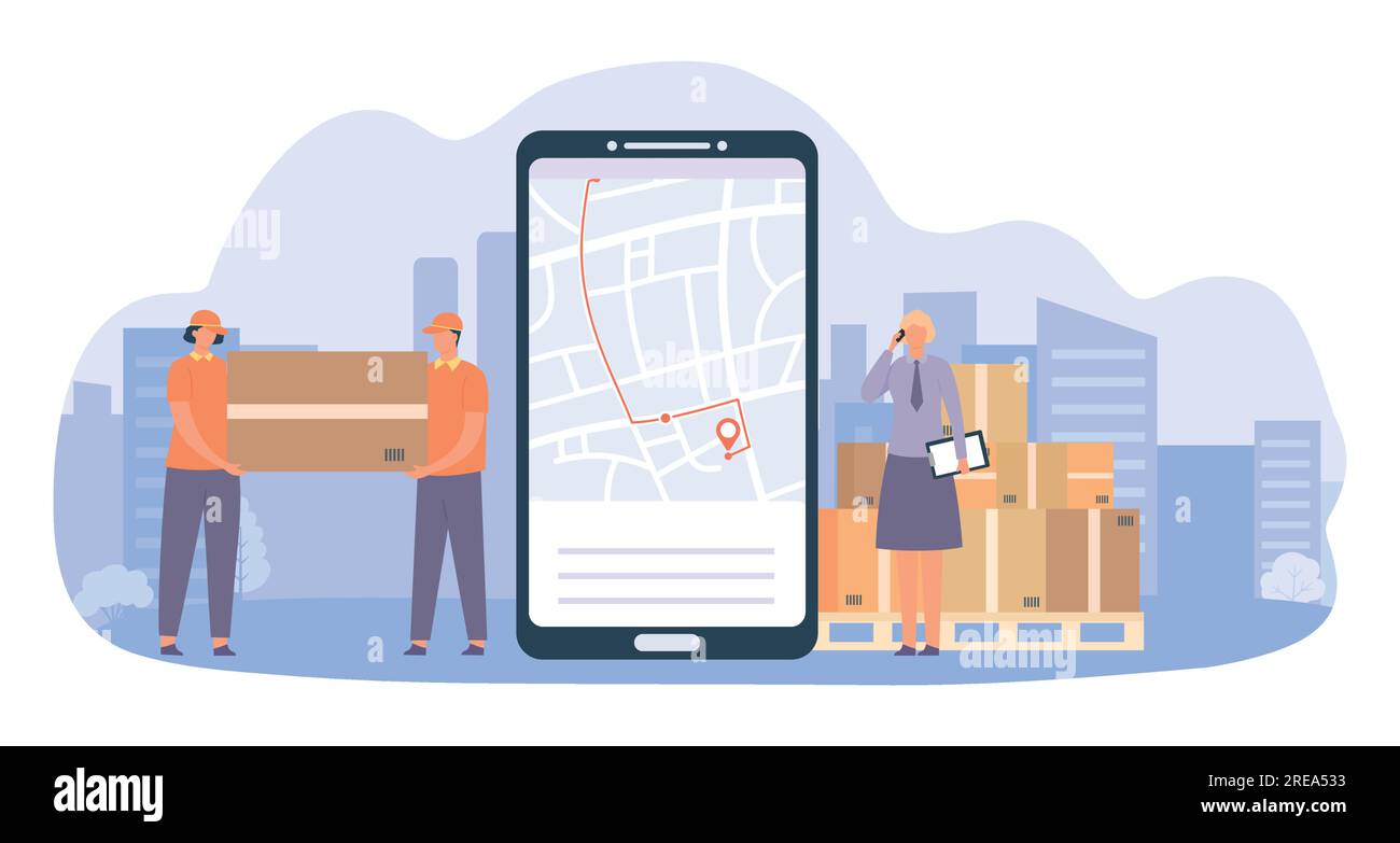 Servizio di consegna online. Smartphone con navigazione gps, arricciacapelli che trasportano grandi pacchi, manager che parla al telefono Illustrazione Vettoriale