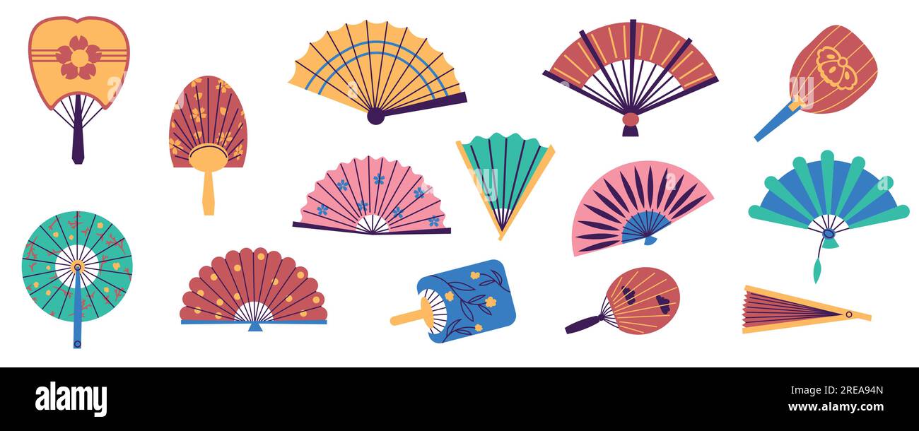 Ventole manuali di carta. Tradizionali ventole pieghevoli orientali, accessori a vento a mano stile piatto di colori diversi. Set di ventole Vector chinese japanese asian Illustrazione Vettoriale