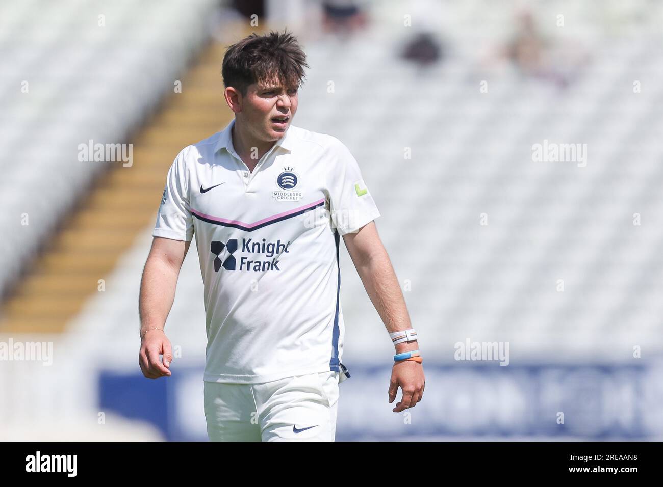 Ethan Bamber del Middlesex è stato preso a Birmingham, Regno Unito il 26 luglio 2023, durante la partita del LV= Insurance County Championship tra Warwickshire CCC e Middlese Foto Stock