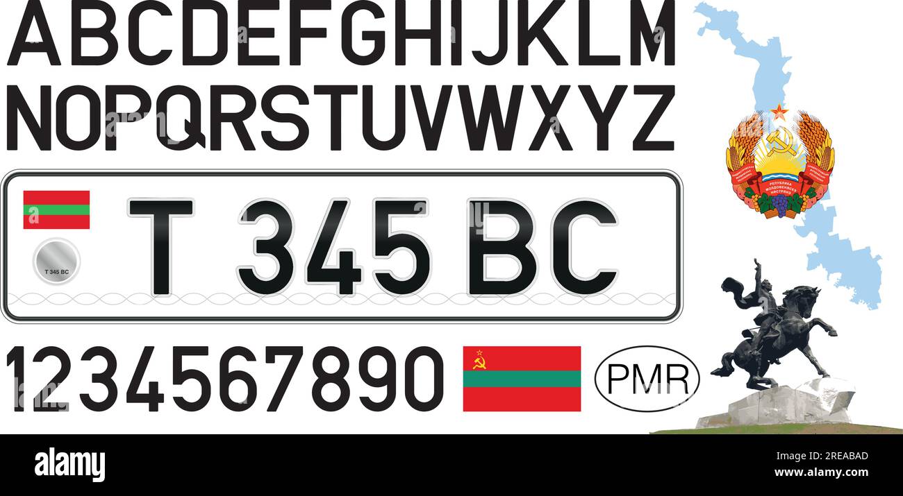 Modello di vettura con targa in Transnistria con numeri, lettere e simboli, paese europeo, illustrazione vettoriale Illustrazione Vettoriale
