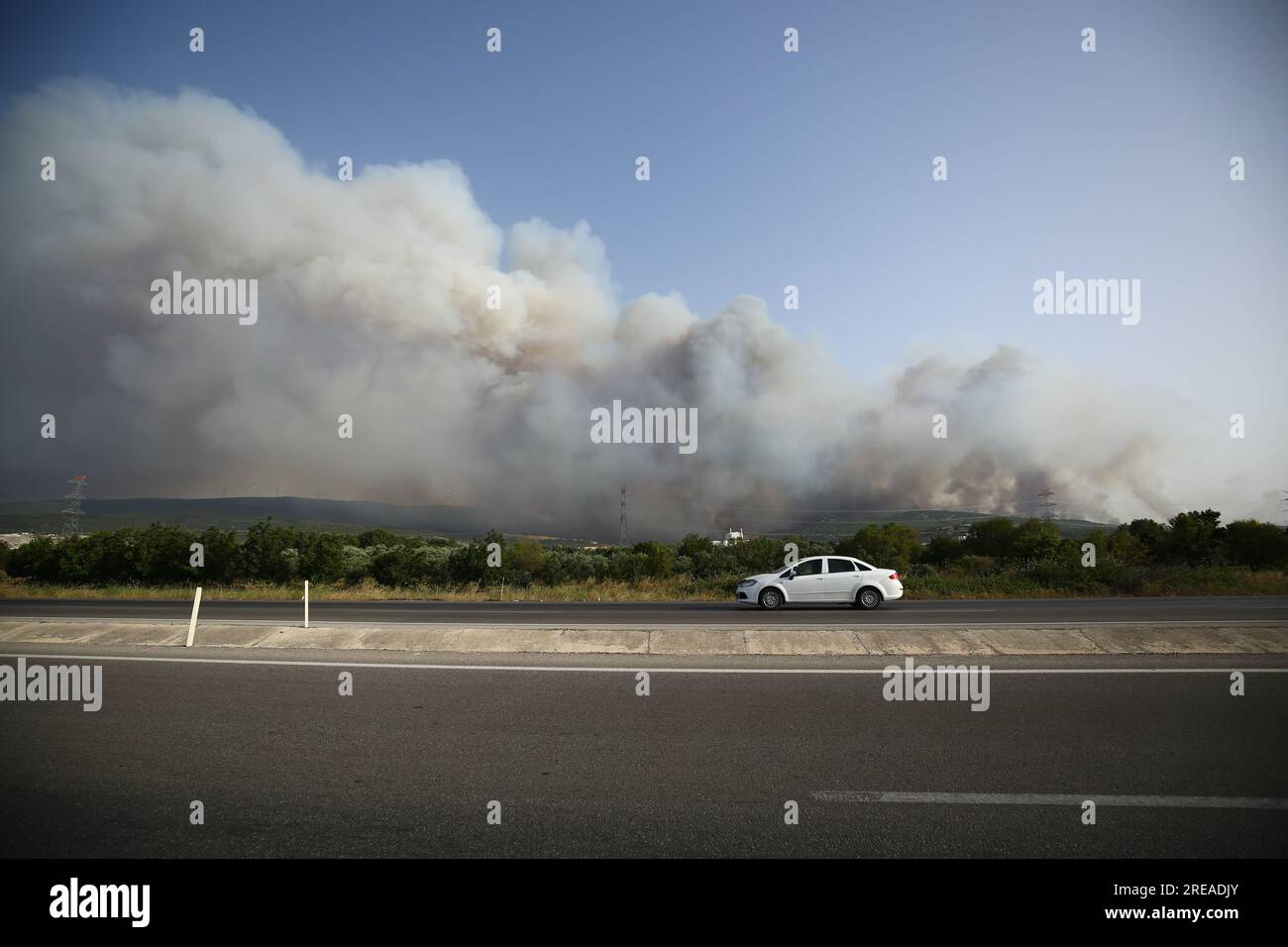 Izmir, Turchia. 26 luglio 2023. Con l'aumento delle temperature dell'aria, il numero di incendi nelle aree forestali ha iniziato ad aumentare. La risposta all'incendio della foresta nel distretto di Odemis di Smirne continua. (Immagine di credito: © Serkan Senturk/ZUMA Press Wire) SOLO USO EDITORIALE! Non per USO commerciale! Foto Stock