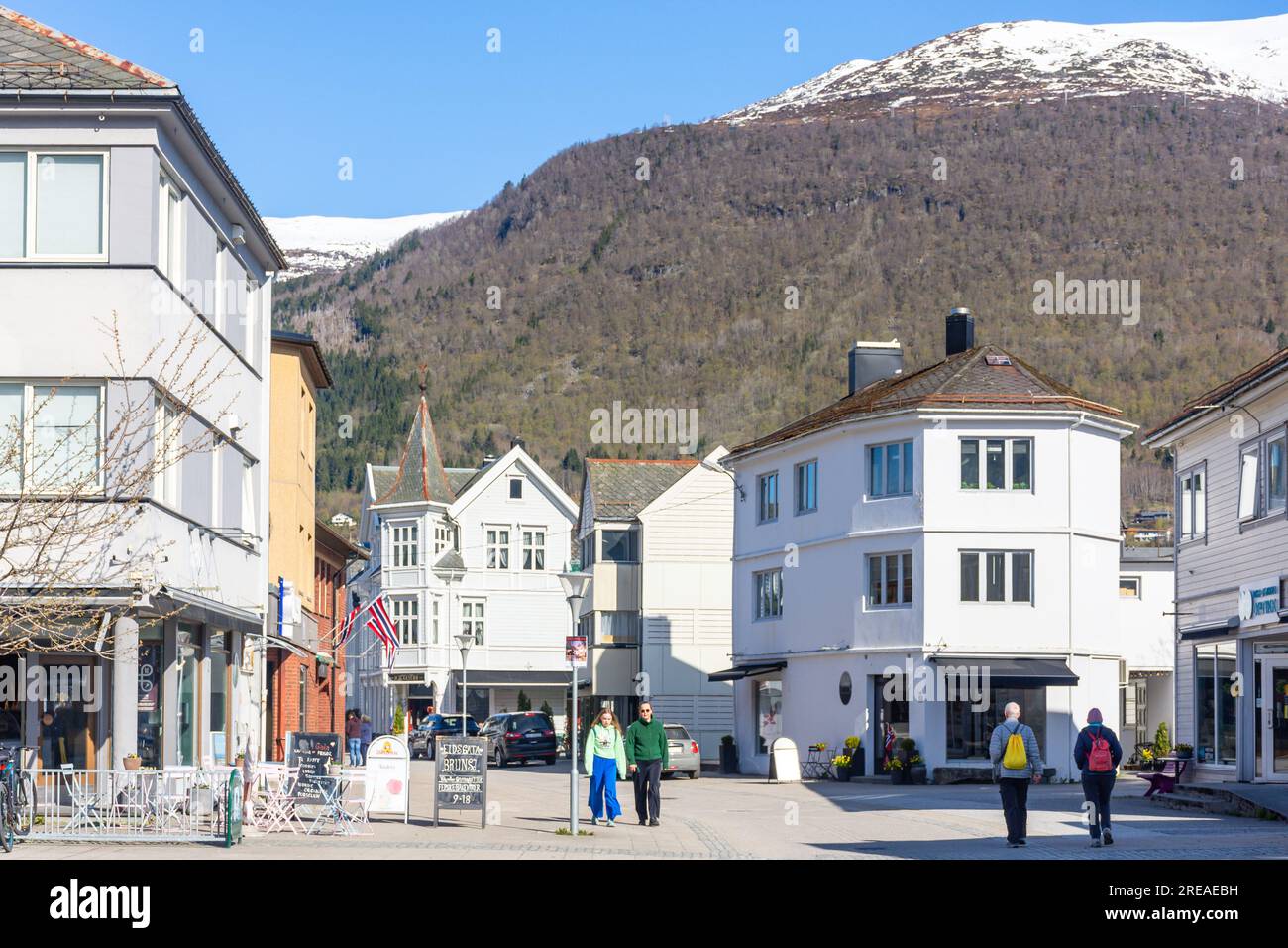 Centro città, Eidsgata, Nordfjordeid, Vestland County, Norvegia Foto Stock