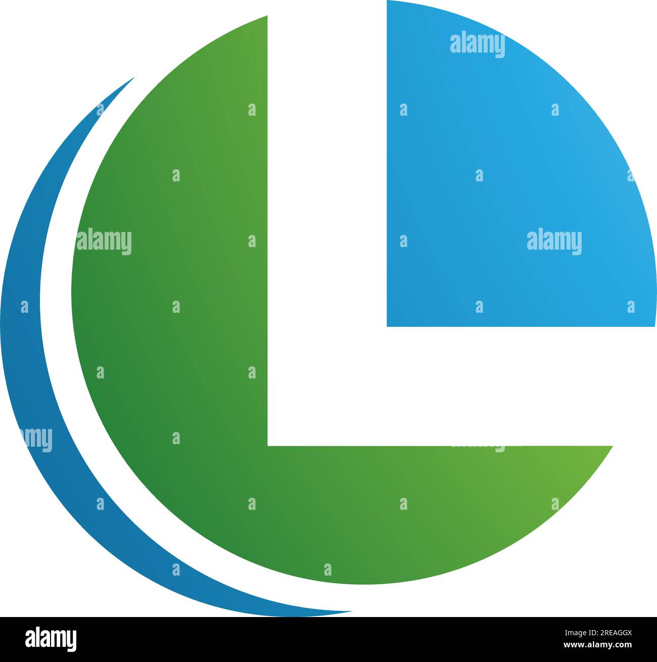 Icona lettera L a forma di cerchio verde e blu su sfondo bianco Illustrazione Vettoriale