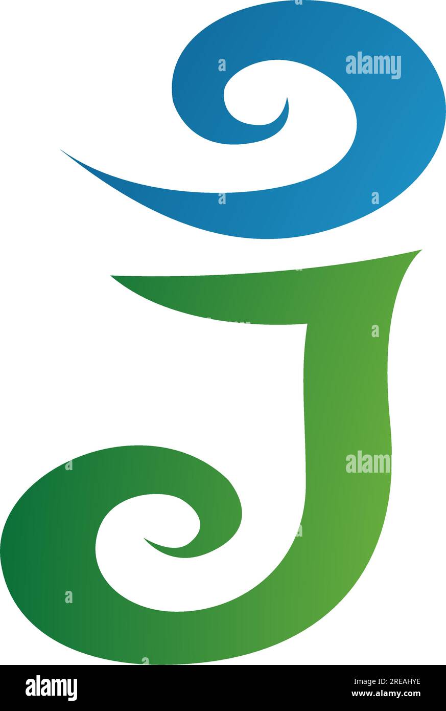 Icona a forma di lettera J a turbolenza verde e blu su sfondo bianco Illustrazione Vettoriale