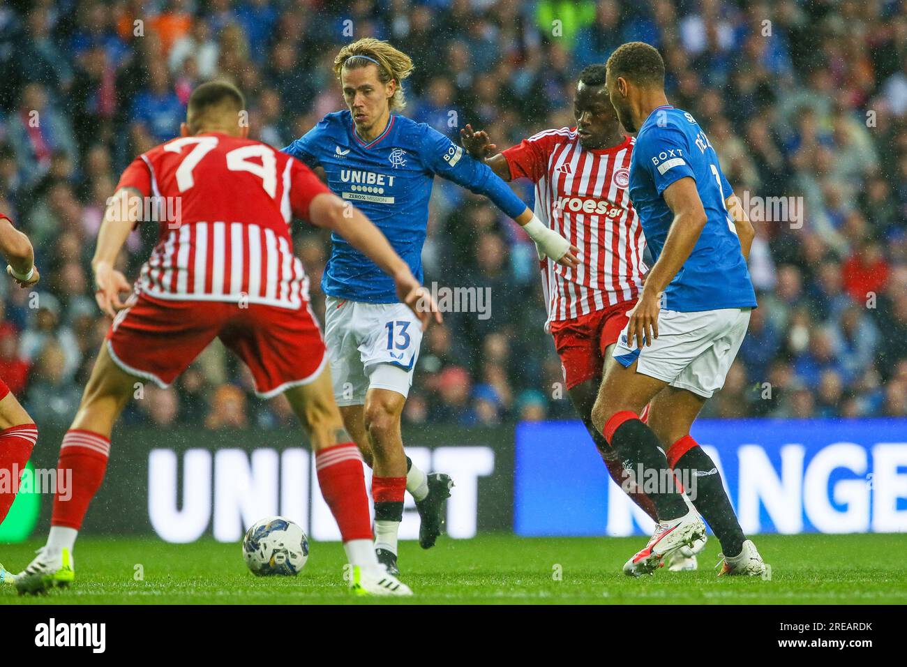 Glasgow, Regno Unito. 26 luglio 2023. L'ultima amichevole dei Rangers all'Ibrox Stadium, Glasgow, Scozia, Regno Unito, prima dell'inizio della stagione 23/24 fu tra Rangers e Olympiakos. Crediti: Findlay/Alamy Live News Foto Stock