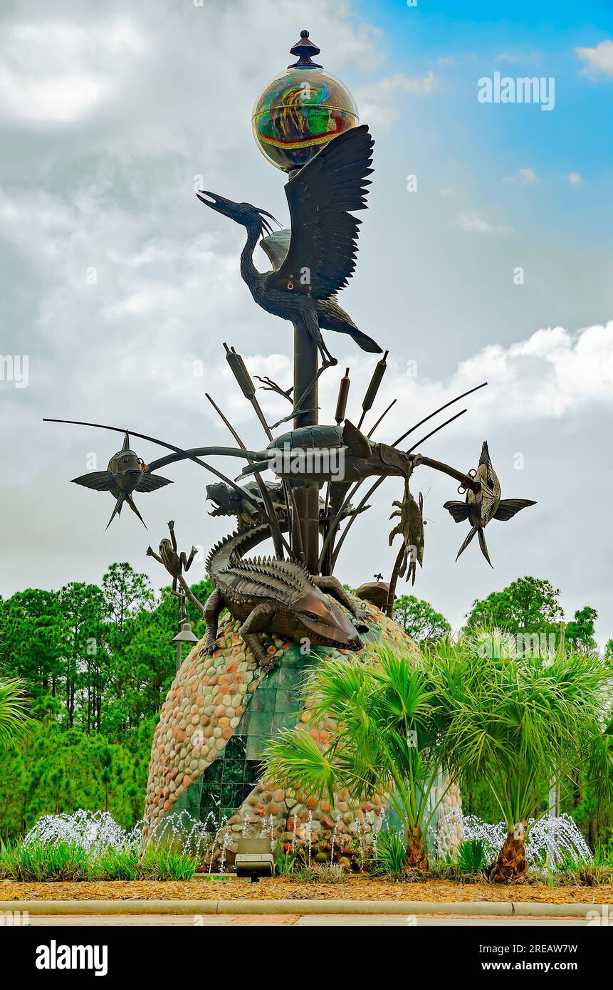 “Nature’s Playground”, una scultura dell’artista Fairhope Dean Mosher, è esposta l’11 maggio 2023 a Gautier, Alabama. Foto Stock