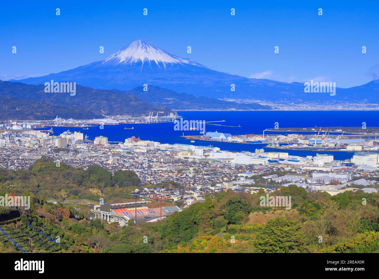 Mt. Fuji e il Porto di Shimizu Foto Stock