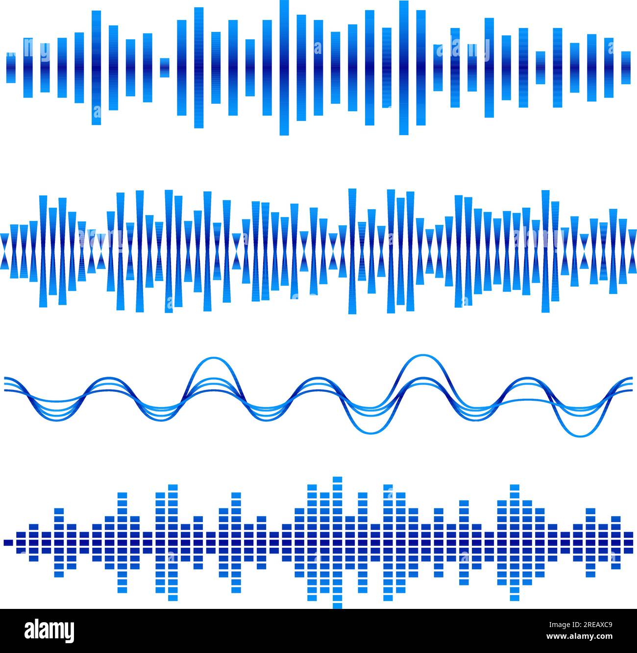 Set di onde musicali astratte. Blue audio Soundtrack, Musical Vibrations. Icone delle onde radio. Frequenza musicale su bianco Illustrazione Vettoriale